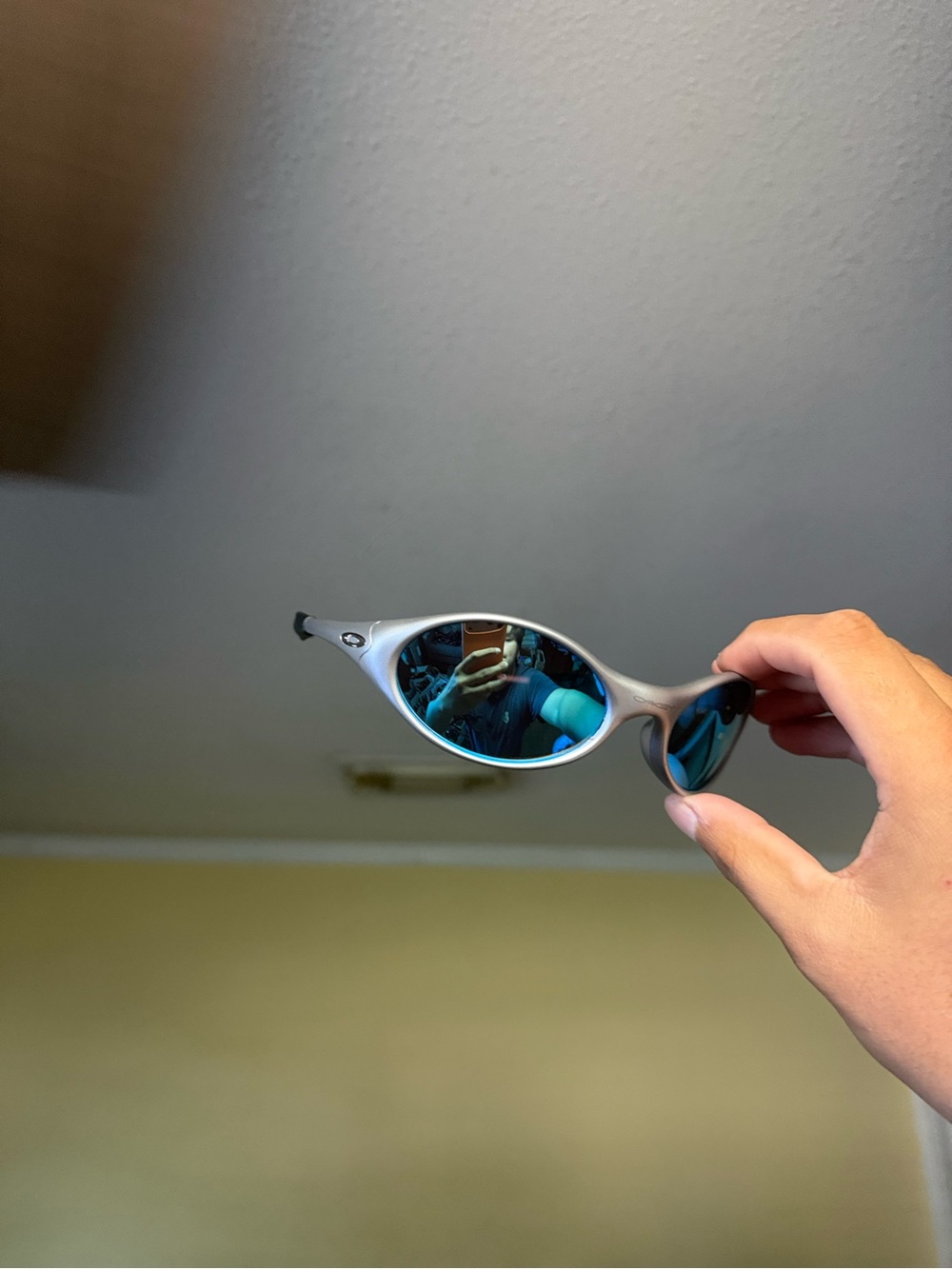 Silver Frame Sunglasses with Blue Mirrored Lenses - Men Oakley